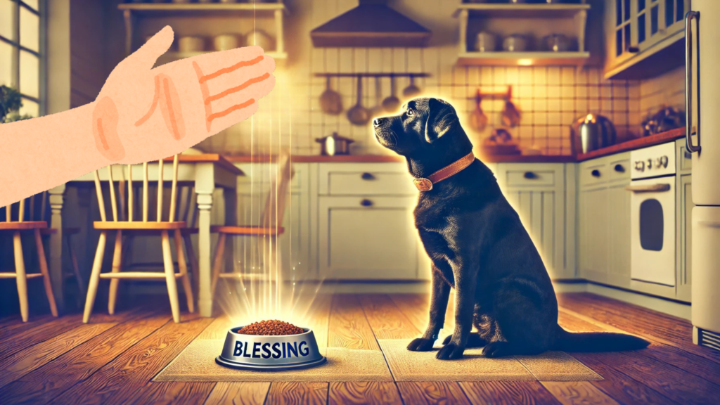 Labrador noir, buddy, qui attend que sa gamelle soit bénie